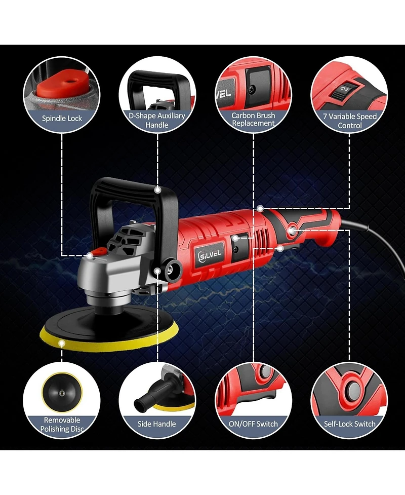 Silvel Buffer Polisher, 1600W 7 Inch/6 Inch Polisher for Car Detailing, Wax Machine, 7 Variable Speed, with 6 Foam Pads, 3 Wool Pads, Packaging Bag, f