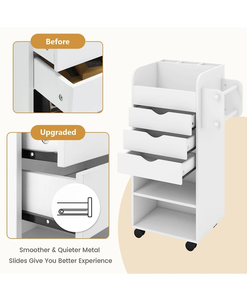 Utility Trolley with Open Shelves and 3 Drawers – Rolling Cart for Kitchen, Office, or Bathroom Organization