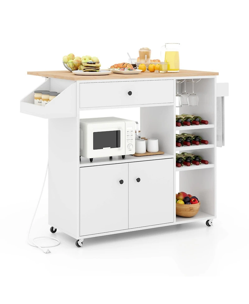 Rolling Kitchen Island Cart with Drop Leaf, Power Strip & Adjustable Shelf – Portable Prep Station