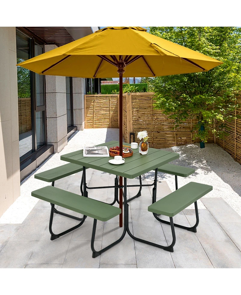 Outdoor Picnic Table with 4 Benches and Umbrella Hole
