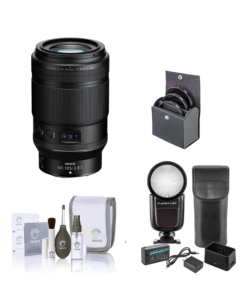 Nikon Nikkor Z Mc 105mm f/2.8 Vr S Lens, Bundle with Flashpoint Zoom Li-on X R2 Ttl On-Camera Round Flash Speedlight, 62mm Filter Kit, Cleaning Kit