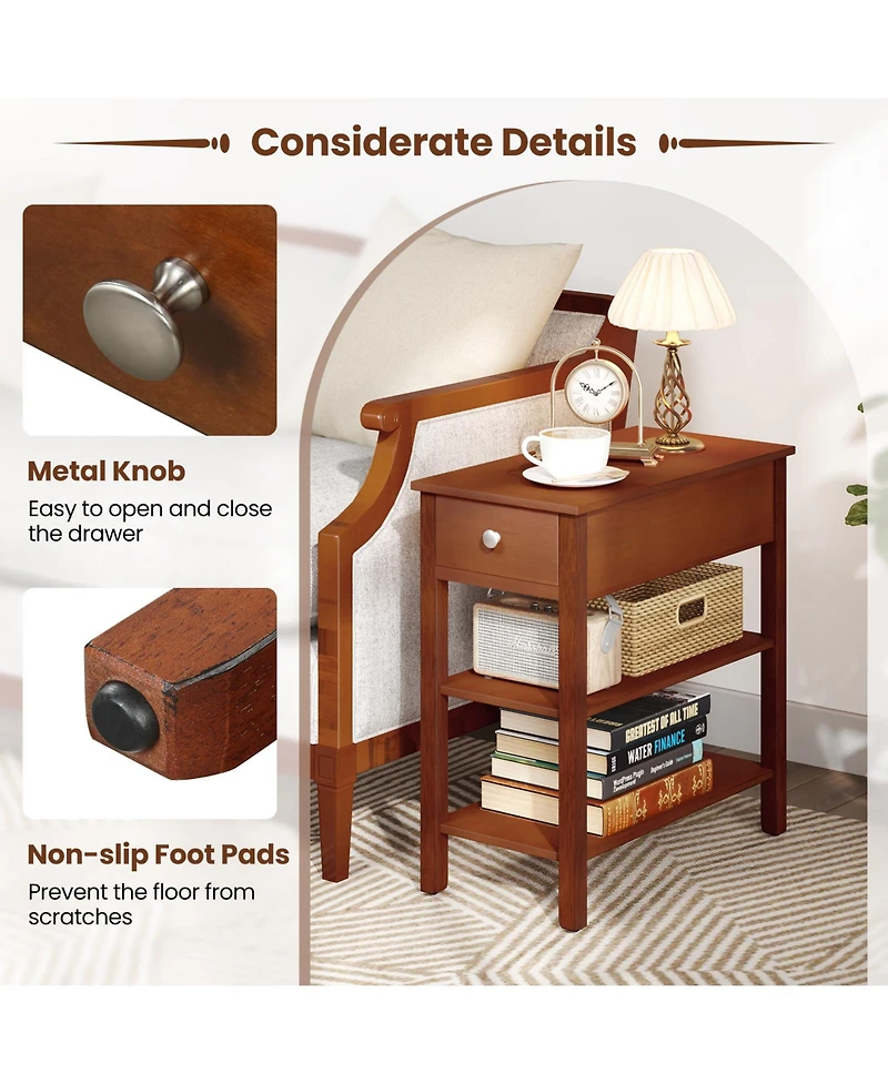 3-Tier Narrow End Table Set of 2 – With Drawer and Storage Shelves for Bedroom or Living Room Organization