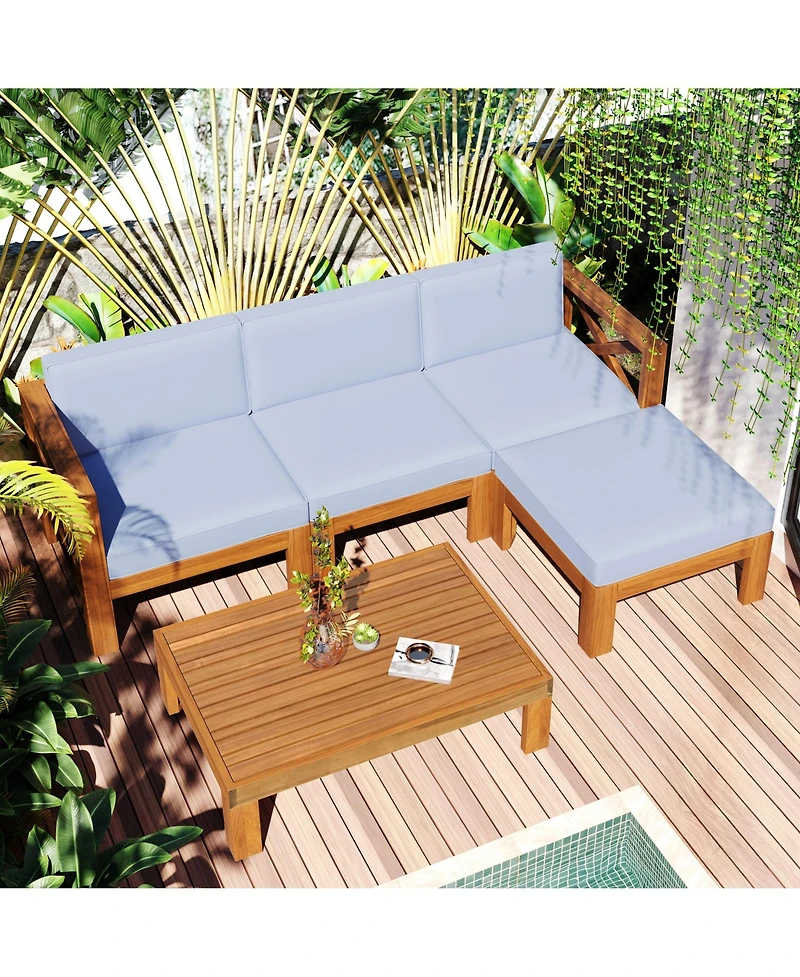 Mondawe Outdoor Wood 5-Piece Sectional Sofa Seating Group Set with Cushions