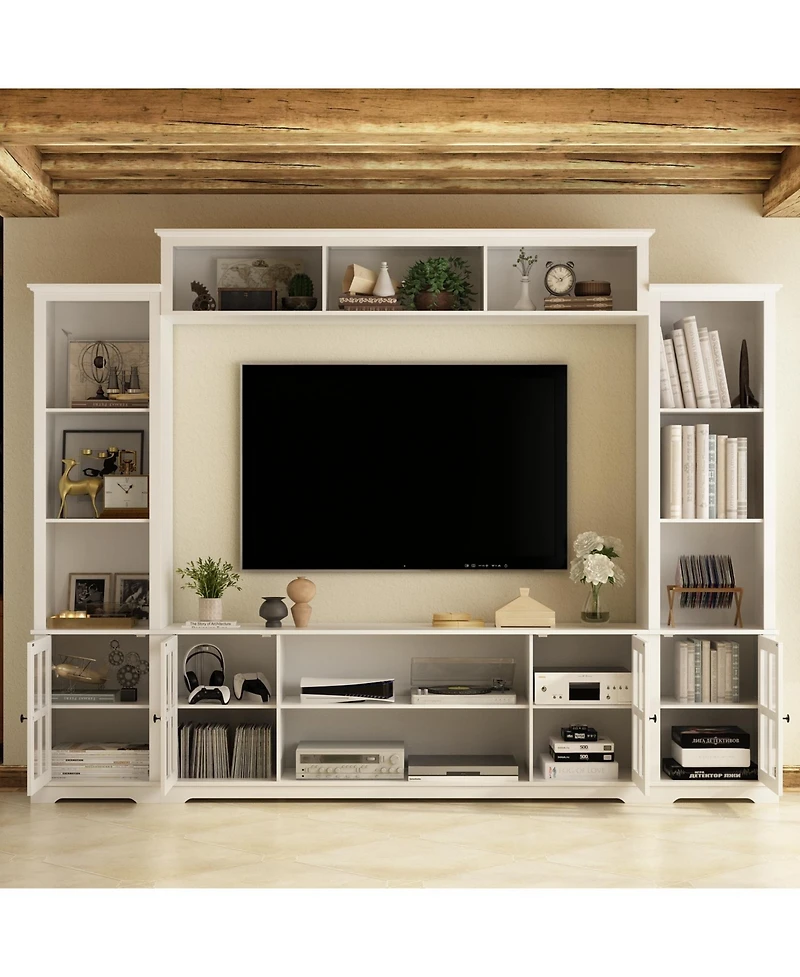 Grey Tv stand with top, left and right cabinets, multi-purpose media wooden console, entertainment center with tempered glass