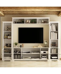 Grey Tv stand with top, left and right cabinets, multi-purpose media wooden console, entertainment center with tempered glass