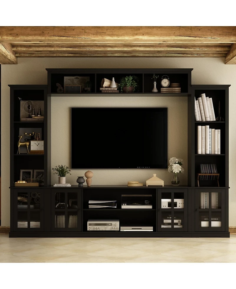 Grey Tv stand with top, left and right cabinets, multi-purpose media wooden console, entertainment center tempered glass