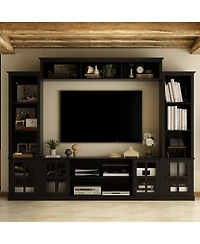 Grey Tv stand with top, left and right cabinets, multi-purpose media wooden console, entertainment center tempered glass
