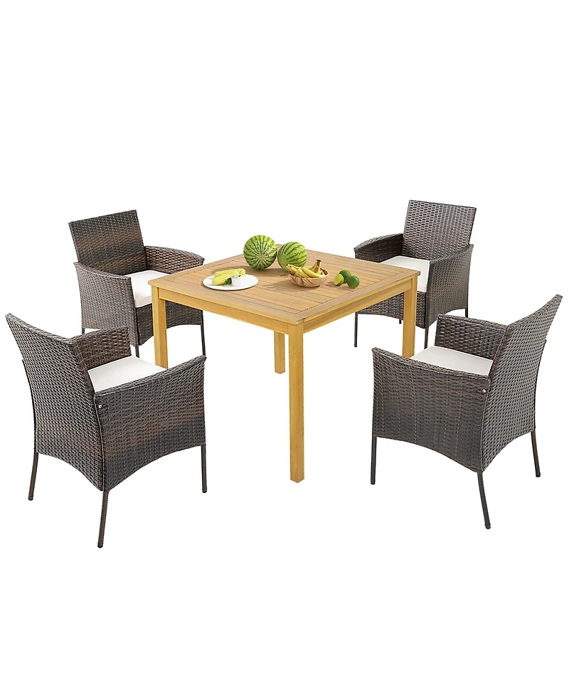 Gymax 5 Pcs Patio Dining Set Acacia Wood Table w/ 1.9'' Umbrella Hole Cushioned Chairs