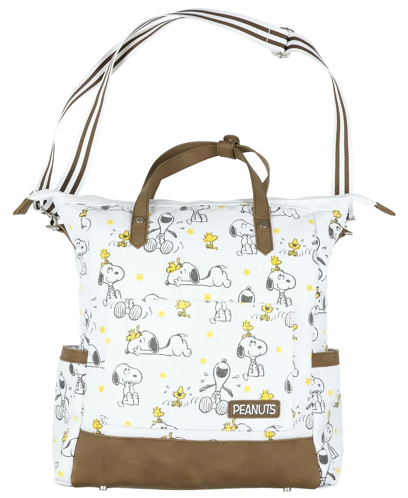 Peanuts Snoopy and Woodstock Convertible Canvas Tote Bag Purse With Backpack Straps And Adjustable Shoulder Strap