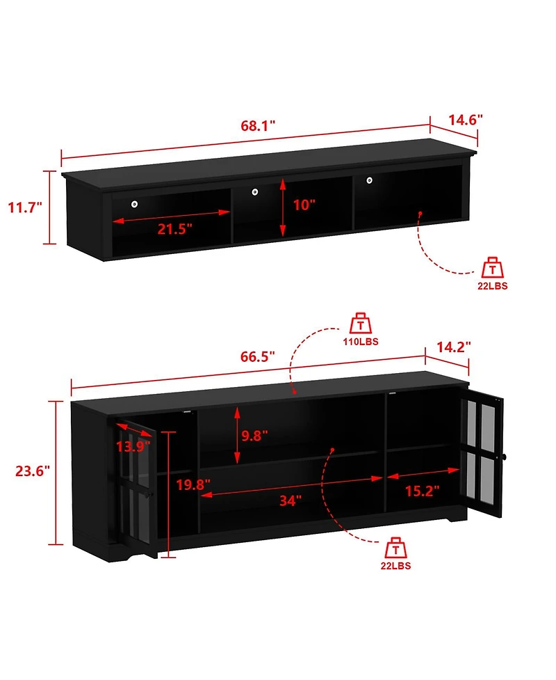White Tv stand with top cabinets, entertainment center tempered glass doors, wooden media console