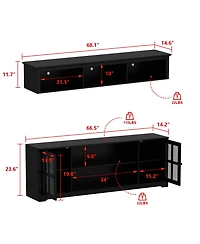White Tv stand with top cabinets, entertainment center tempered glass doors, wooden media console