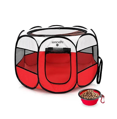 SereneLife Medium Portable & Foldable Pet Tent with Travel Bowl, Red