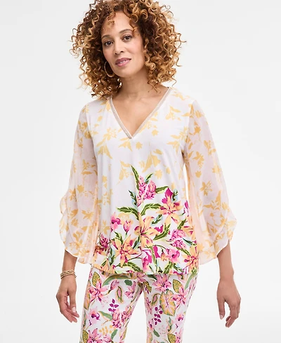 Jm Collection Women's Printed Embellished V-Neck Ruffle-Sleeve Top, Exclusively at Macy's