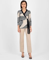 Anne Klein Women's Geo-Print 3/4-Sleeve Wrap Top