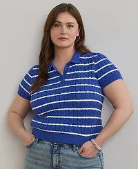 Lauren Ralph Plus Striped Cable-Knit Cotton Polo Sweater