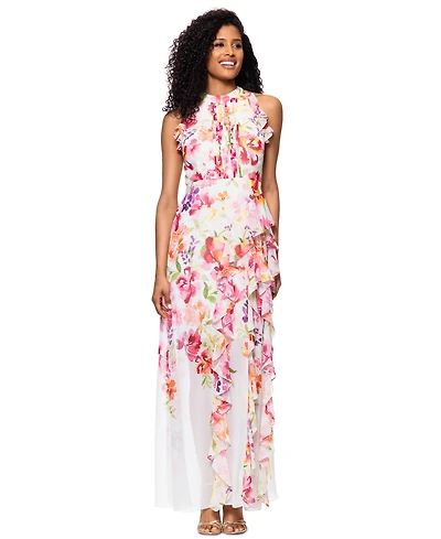 Betsy & Adam Women's Floral Print Ruffled Sleeveless Gown