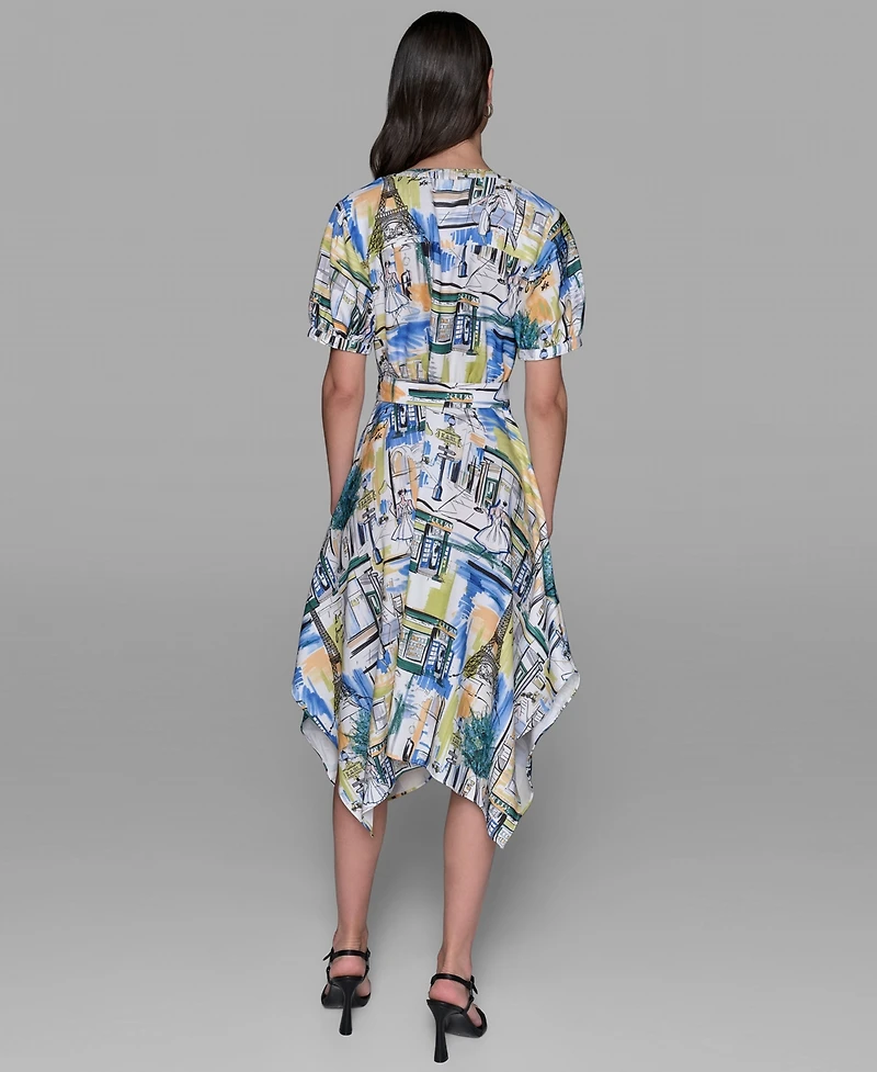Karl Lagerfeld Paris Women's Paris-scene Print Belted High-low Shirtdress With V-neckline