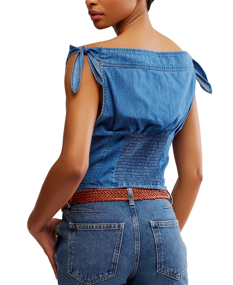 Free People Women's Louie Cotton Denim Tie-Shoulder Top