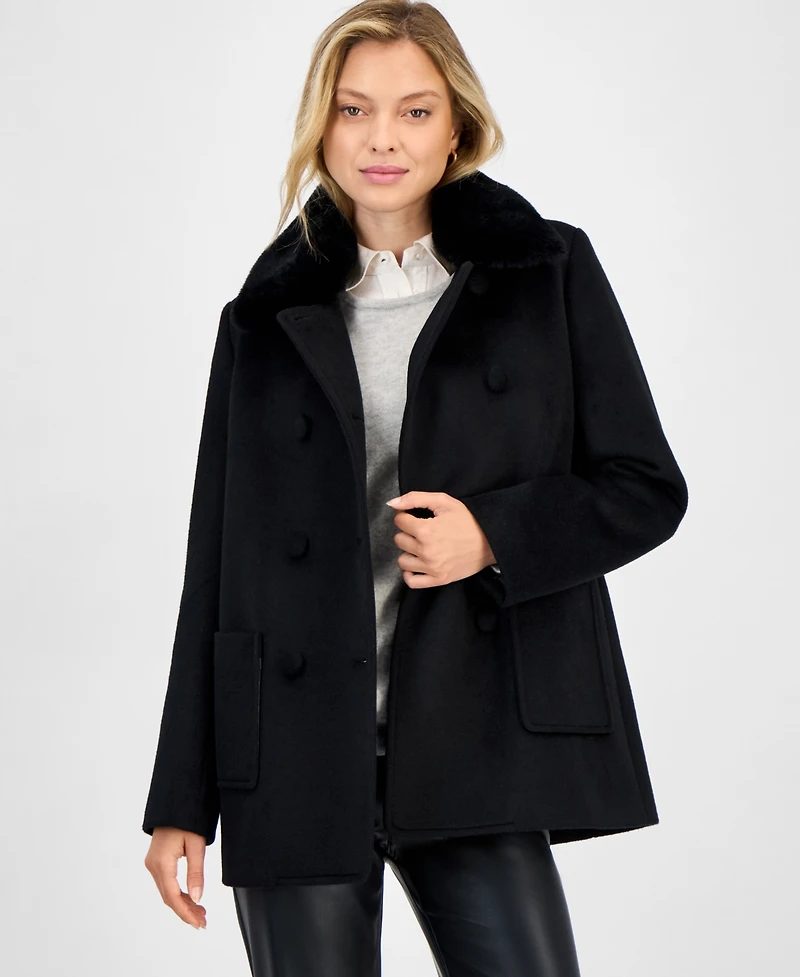 Cece Women's Double-Breasted Faux Fur Collar Coat