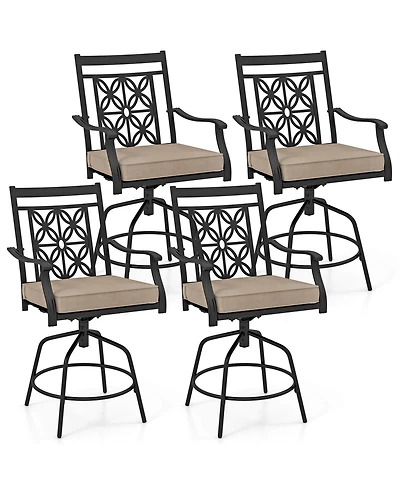 Outdoor 360°Swivel Bar Stools Set of 4 with Seat Cushions High Back & Armrests