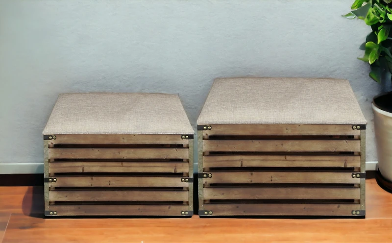 Set Of 2 Rectangular Linen Fabric And Wood Slats Storage Benches