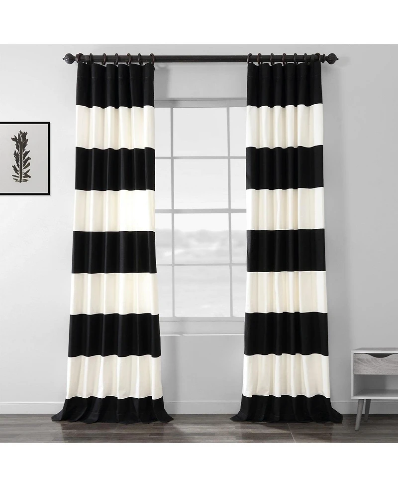 Half Price Drapes Onyx Black & Off White Horizontal Striped Printed Cotton Room Darkening Curtain