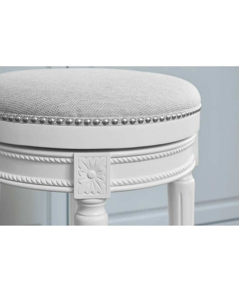 26" White Fabric And Solid Wood Swivel Backless Counter Height Bar Chair