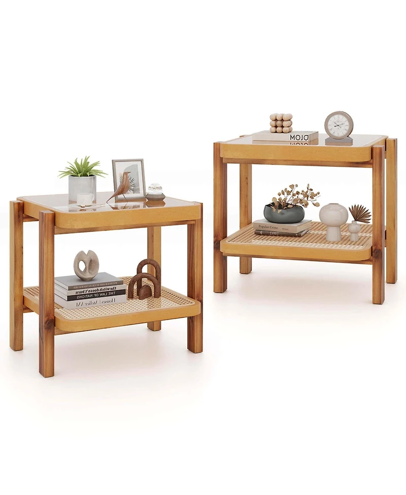 Pcs End Table with Tempered Glass Top Acacia Wood Legs Rattan Storage Shelf