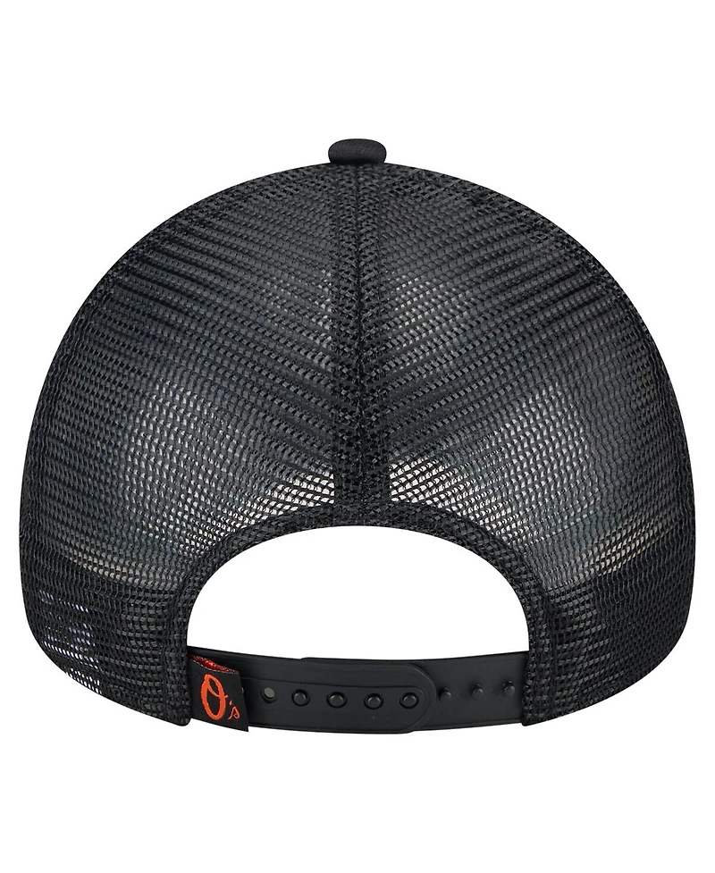 New Era Men's Black Baltimore Orioles Distressed 9FORTY A-Frame Adjustable Trucker Hat