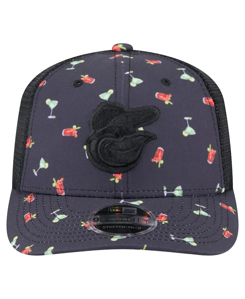 New Era Men's Black Baltimore Orioles Adventure Drinks Pattern 9SEVENTY Stretch-Snap Hat