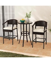 3 Pcs Patio Rattan Bar Set Wicker Armchairs & Round Table with Tempered Glass Top