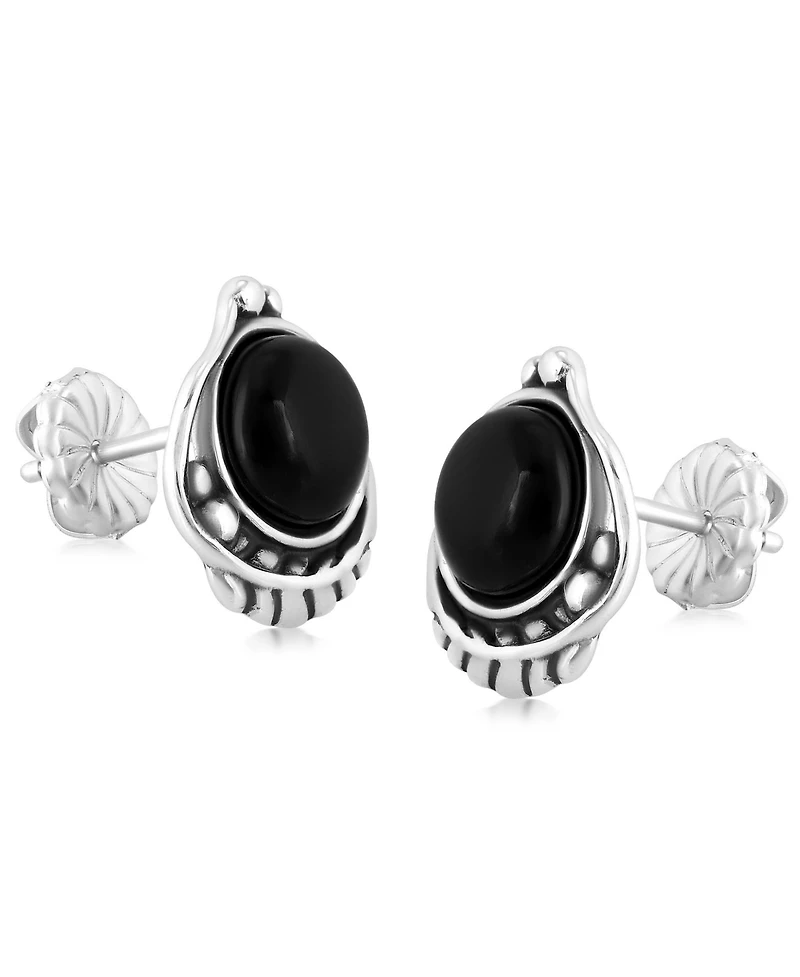 Sterling Silver Black Onyx Leaf Design Button Earrings