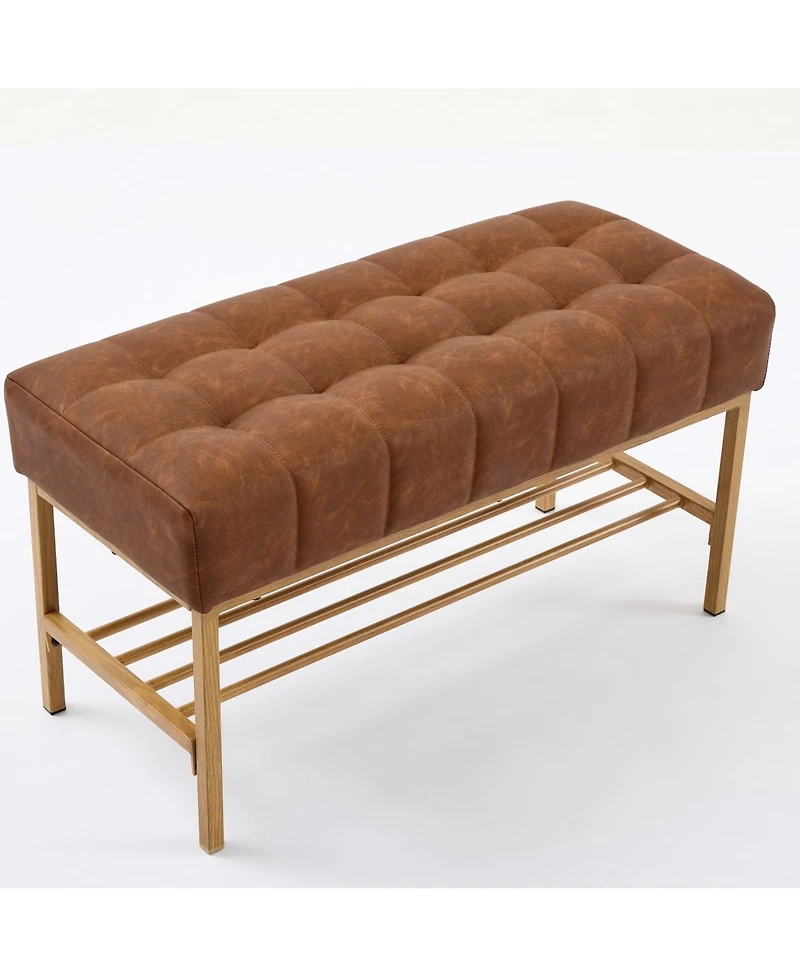 Modern Upholstered End of Bed Bench with Storage Shelf and Metal Legs Tufted Shoe Bench for Bedroom Entryway Living Room or Hallway Seating-The Pop Ho