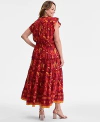 Vince Camuto Plus Printed Smocked-Waist Flutter-Sleeve Maxi Dress