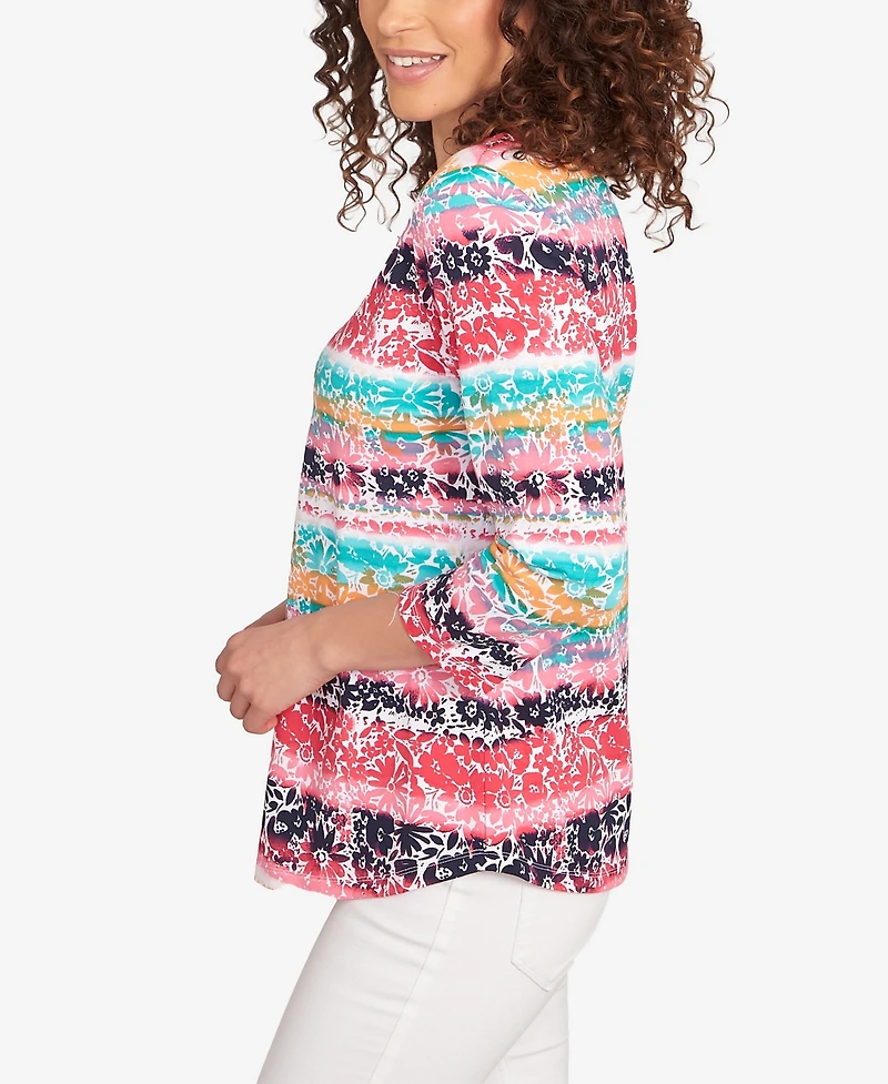 Ruby Rd. Petite Watercolor Floral Stripe Top