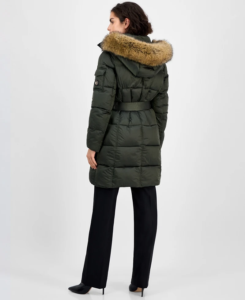Michael Kors Women's Belted Hooded Faux-Fur-Trim Puffer Coat, Exclusively at Macy's