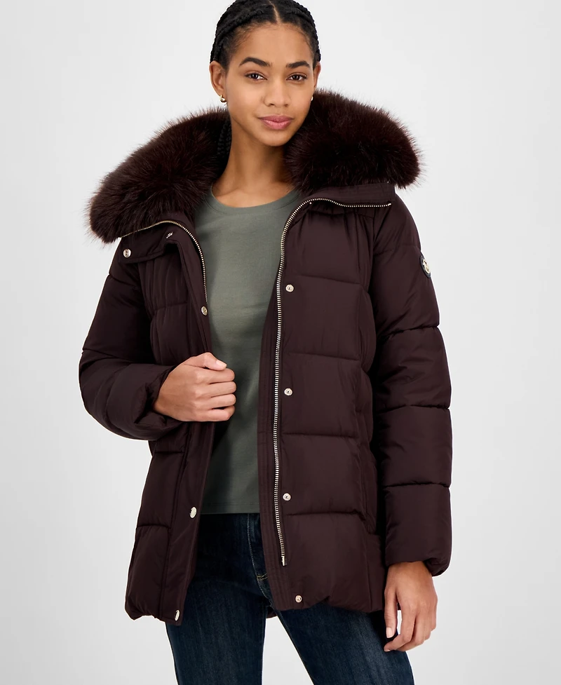 Michael Kors Women's Belted Hooded Faux-Fur-Collar Puffer Coat, Exclusively at Macy's