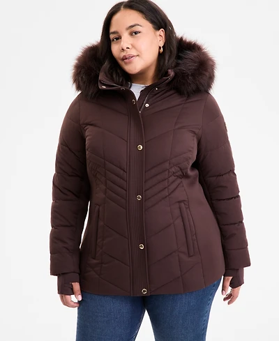 Michael Michael Kors Plus Size Faux-Fur-Trim Hooded Puffer Coat, Exclusively at Macy's