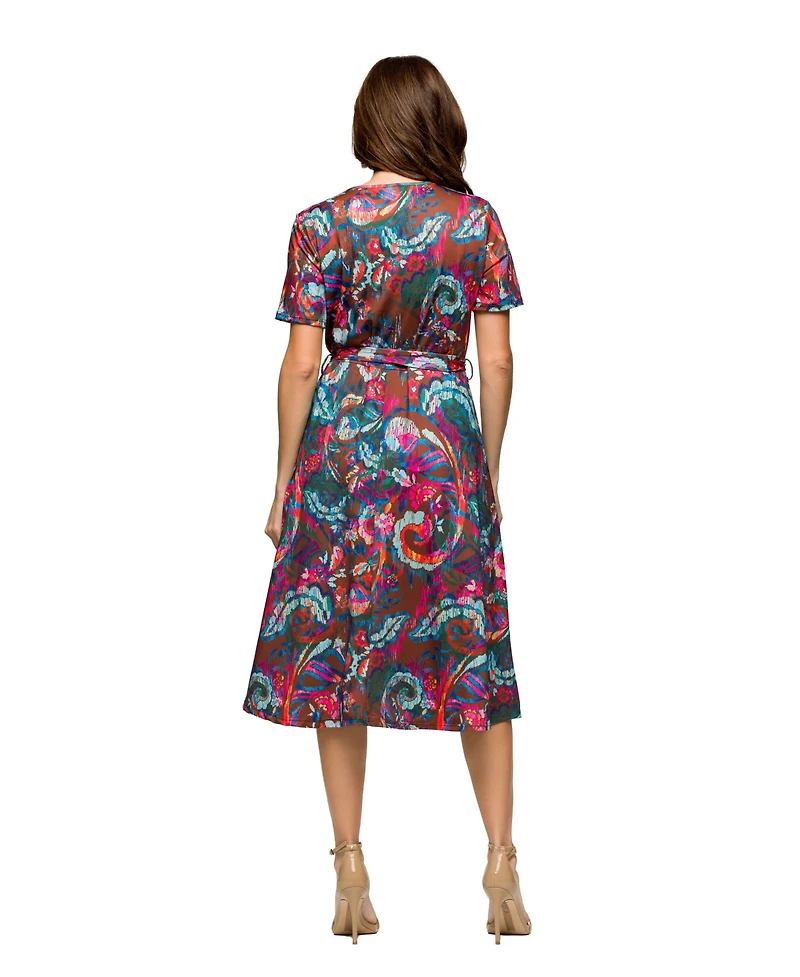 24seven Comfort Apparel Women's Short Sleeve Tie Waist Midi Dress