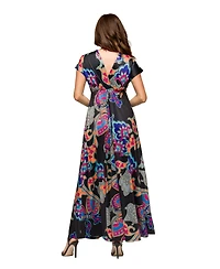 24seven Comfort Apparel Women's V Neck Empire Waist Cap Sleeve Maxi Dress