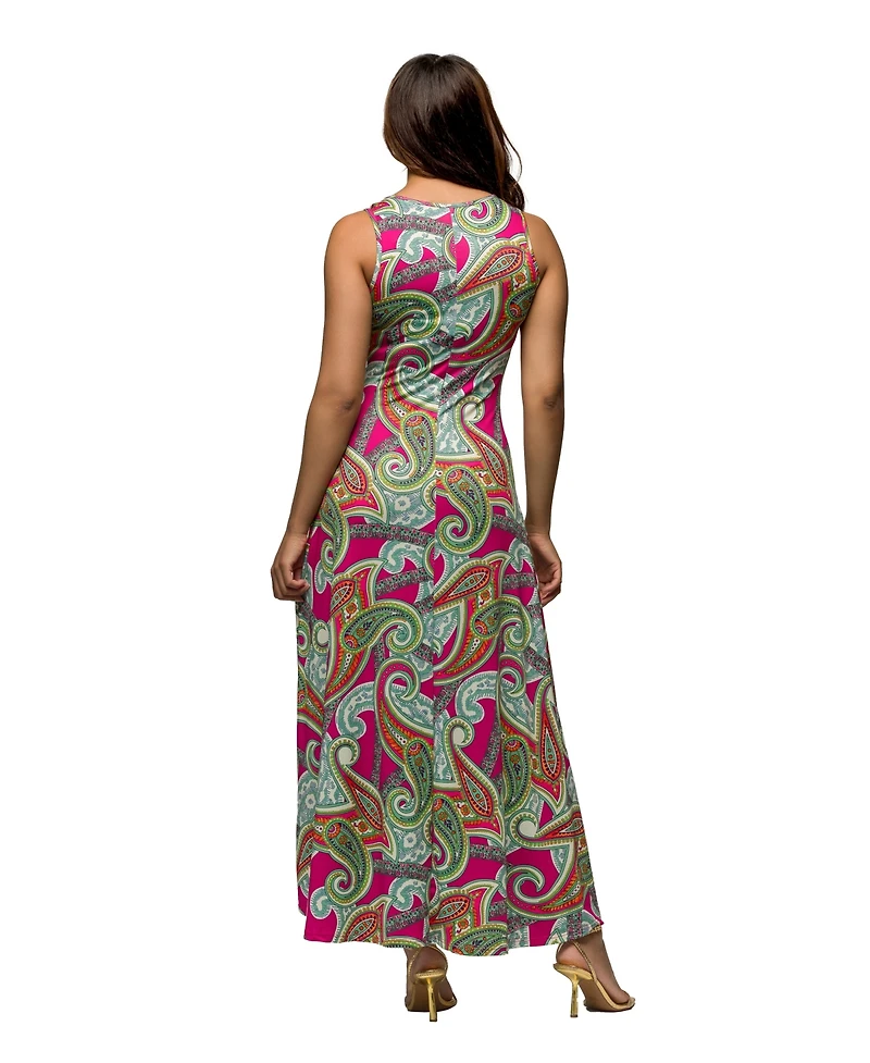 24seven Comfort Apparel Women's Hot Pink Paisley Print Scoop Neck A Line Sleeveless Maxi Dress
