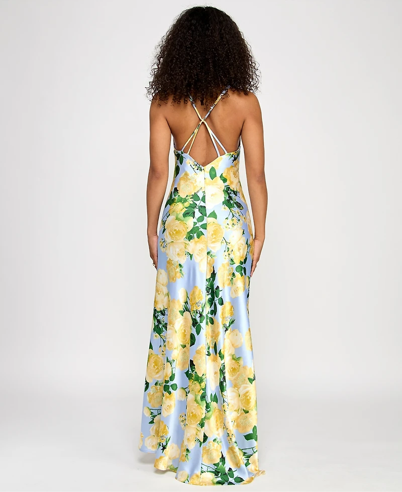 Katia Rae Juniors' Floral-Print X-Back Gown