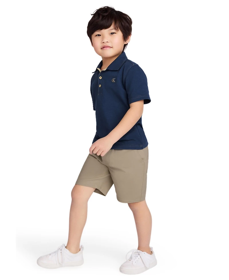 Calvin Klein Toddler and Little Boys Slub Pique Polo Shirt Twill Shorts, 2-Piece Set