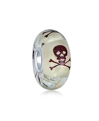 Bling Jewelry Set of 3 Glow In The Dark Translucent Skull Crossbones Spacer Charm Bead Murano Glass .925 Sterling Silver Core