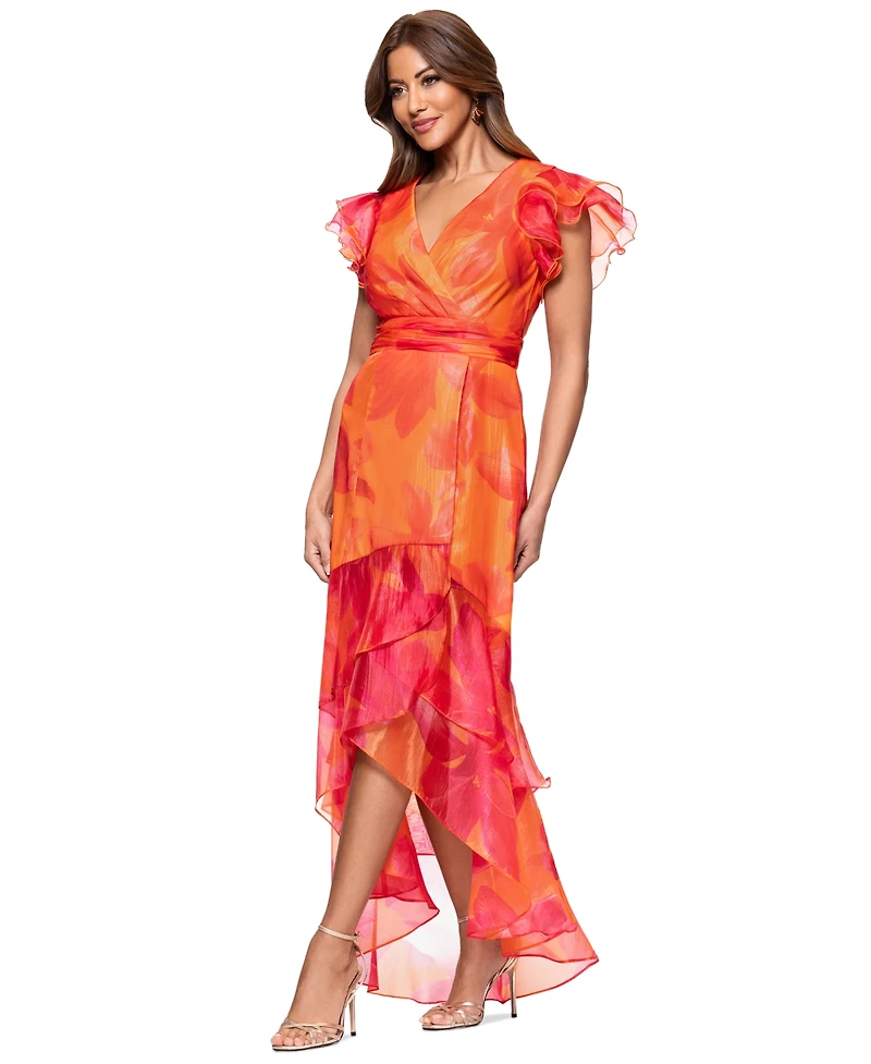 Xscape Petite Flutter-Sleeve High-Low Dress