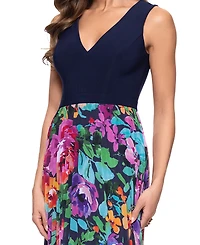 Xscape Petite Mixed-Media V-Neck Sleeveless Gown