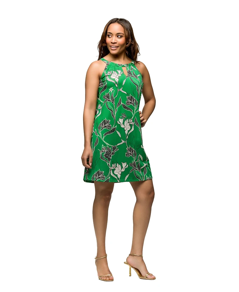 24seven Comfort Apparel Women's Knee Length Green Floral Print Sleeveless Keyhole Dress