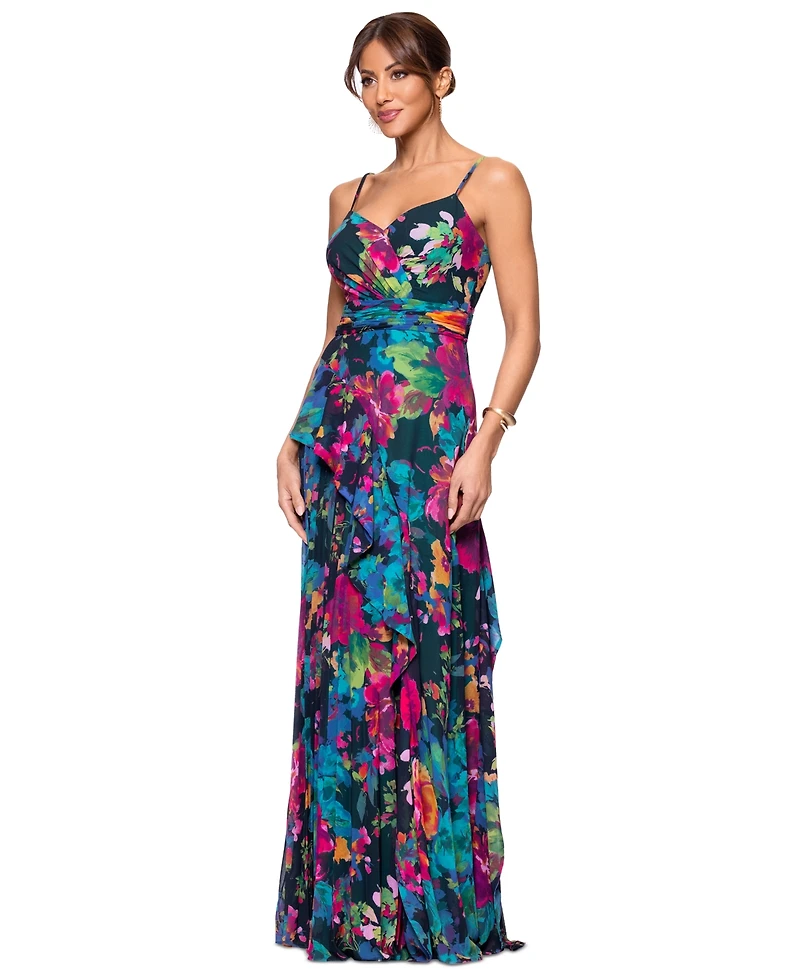 Xscape Women's Floral-Print Sweetheart-Neck Gown