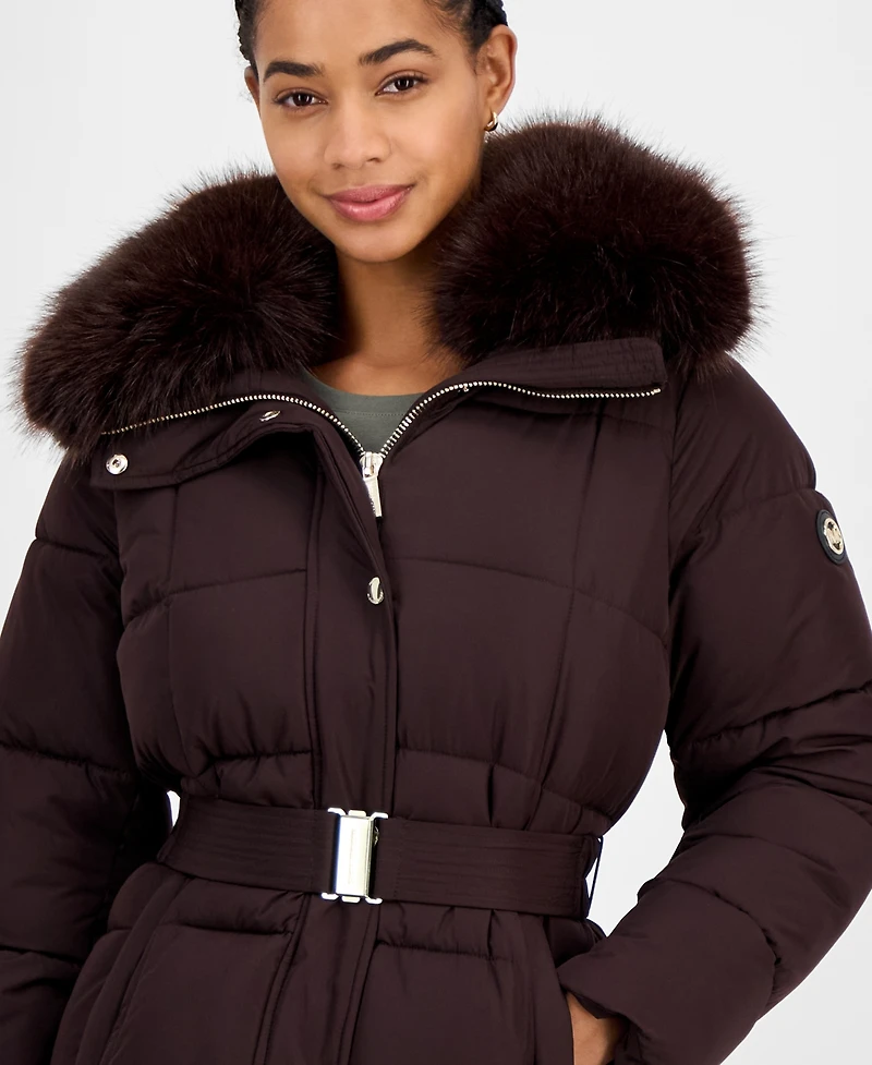 Michael Kors Women's Belted Hooded Faux-Fur-Collar Puffer Coat, Exclusively at Macy's