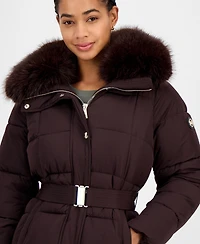 Michael Kors Women's Belted Hooded Faux-Fur-Collar Puffer Coat, Exclusively at Macy's